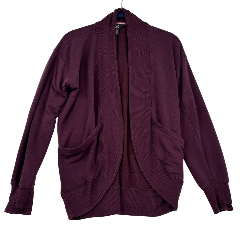 Athleta Girl Open Front Cardigan Girls L 12 Burgundy Fleece Lined Thumbholes